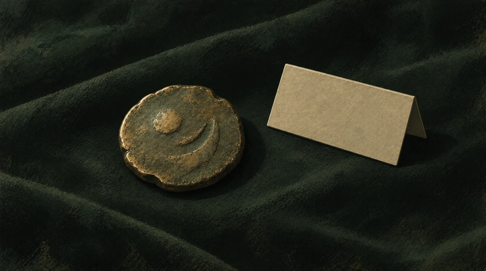 Illustrative worn ancient-style coin on dark cloth; no real issue depicted.