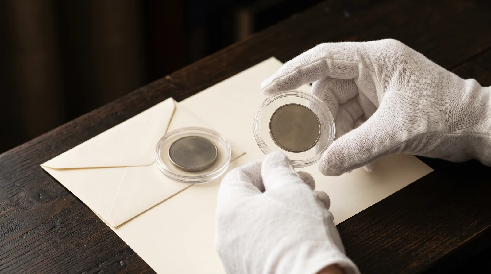 Illustrative gloved hands holding a transparent holder around an anonymous disc.