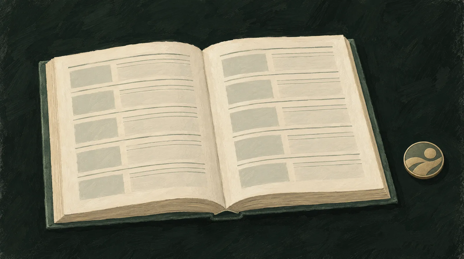 Illustrative open reference catalogue beside an anonymous coin; no real entry depicted.