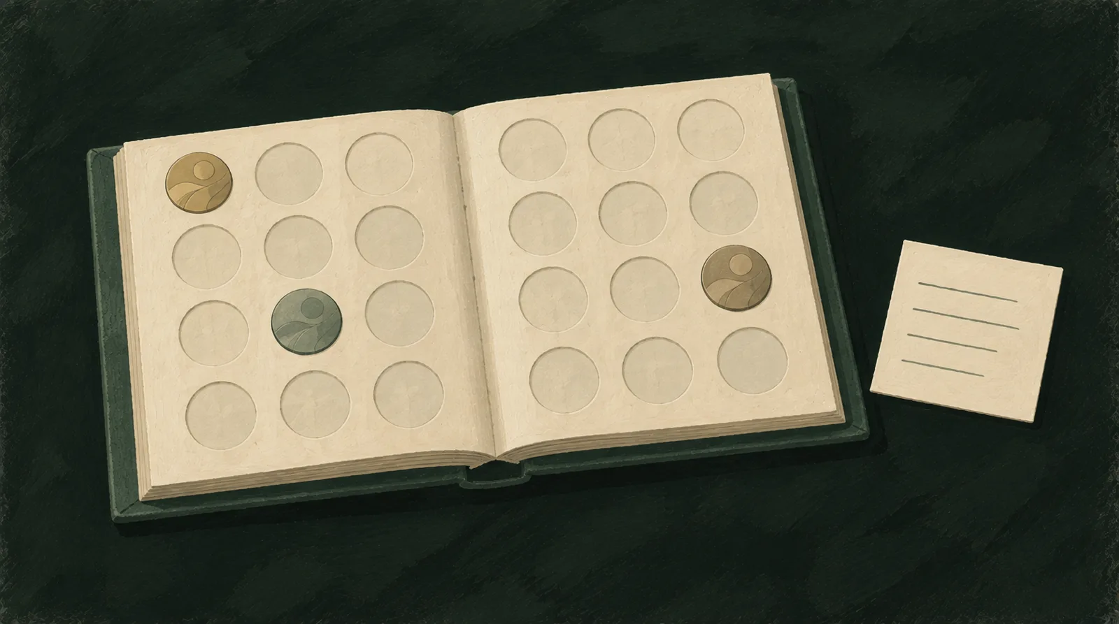 Illustration of a mostly empty coin album holding three anonymous discs beside a card with four plain lines.