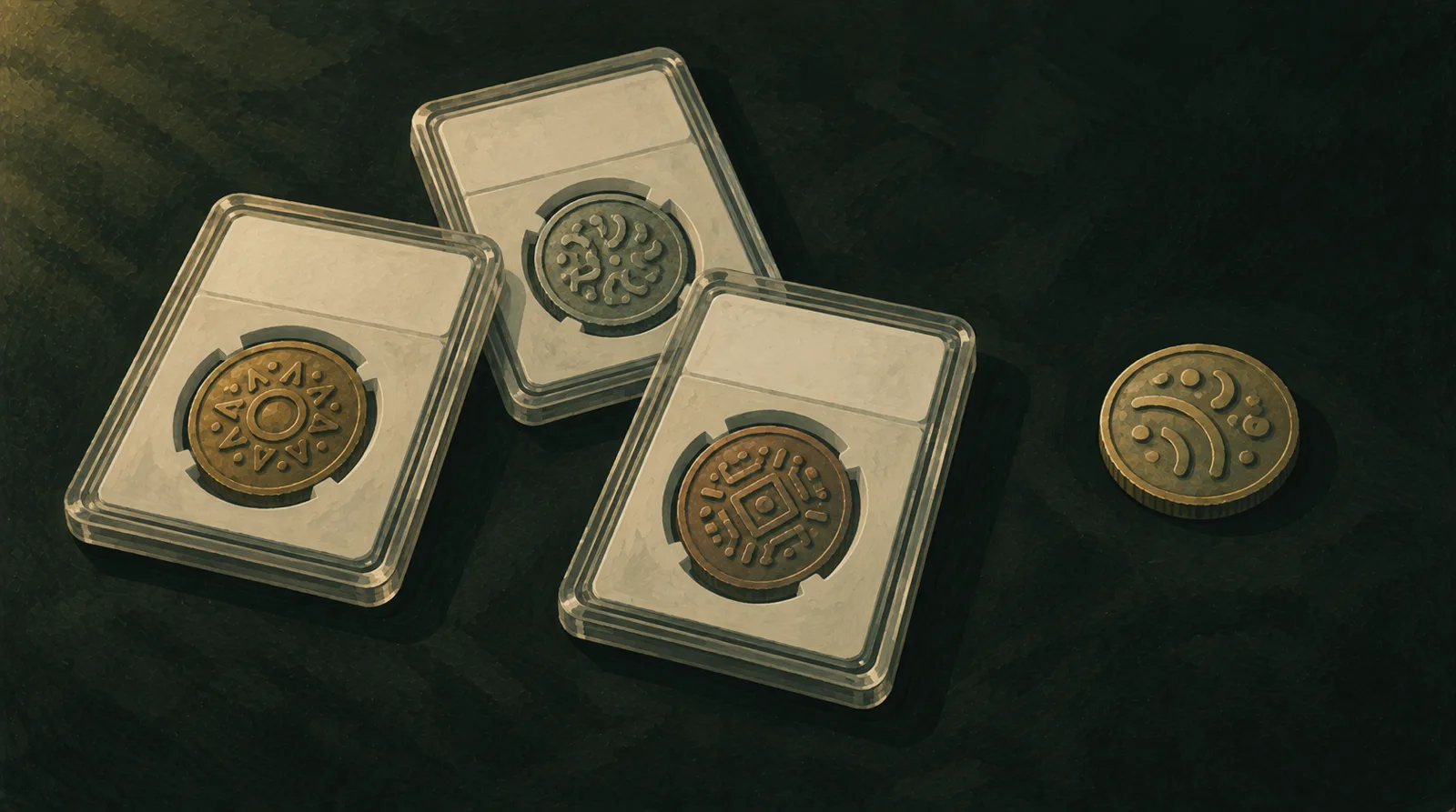 Illustrative scene of sealed coin holders on a table; no real grading service or issue depicted.