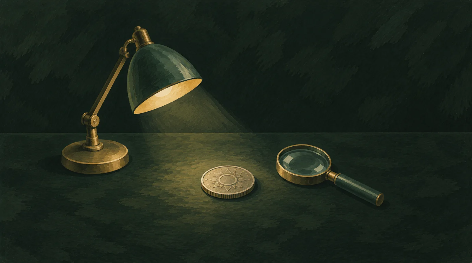 Illustrative scene of a coin inspected under raking light; no specific issue depicted.