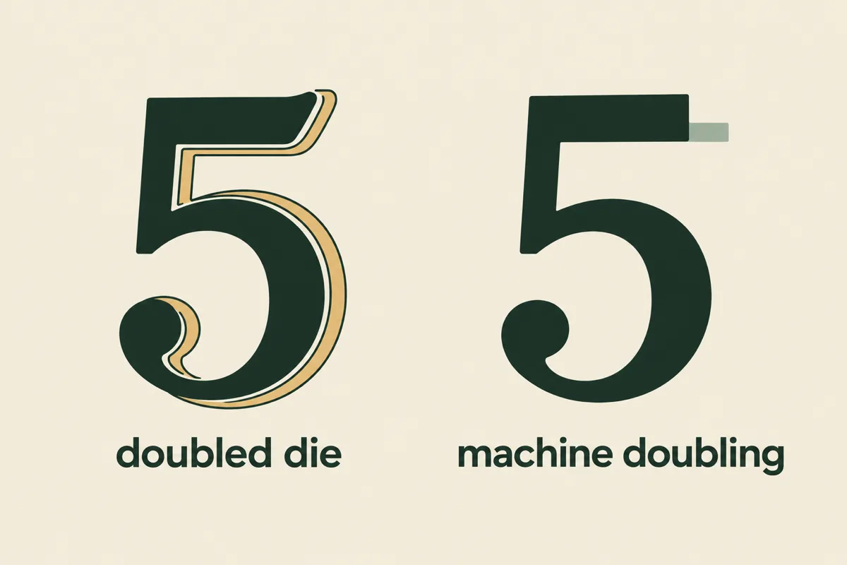 Contrast diagram: rounded, separated doubling of a die versus the flat, shelf-like smear of machine doubling.