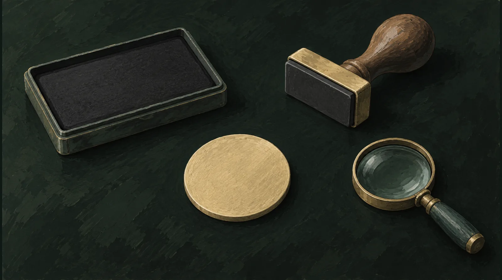 Illustration of an anonymous coin beside a blank stamp, ink pad and magnifier on a dark surface.