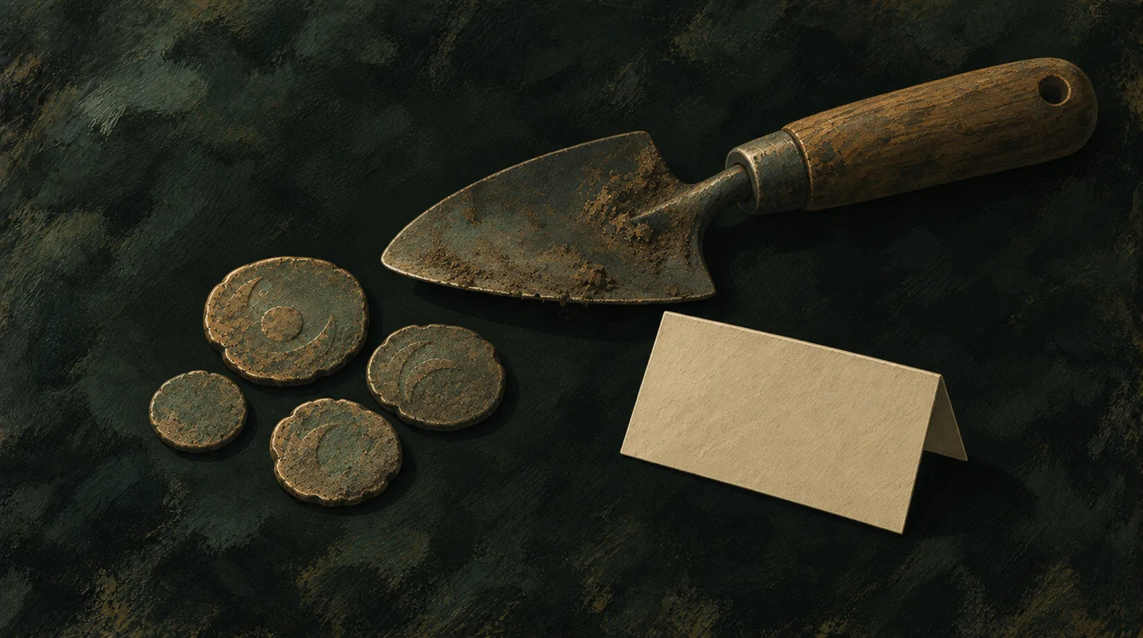 Illustrative scene of old-looking coins beside a trowel; no real hoard or issue depicted.
