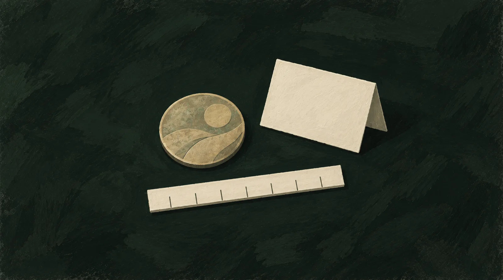 Illustration of an anonymous worn coin beside an unlabeled ticked bar and a blank folded card.
