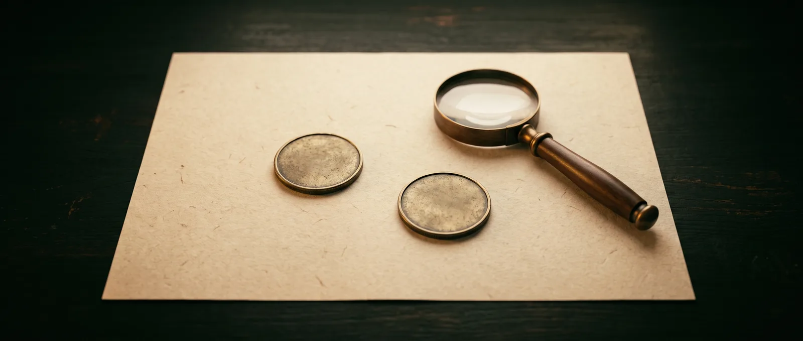 Illustrative anonymous metal discs on blank paper beside a magnifier.