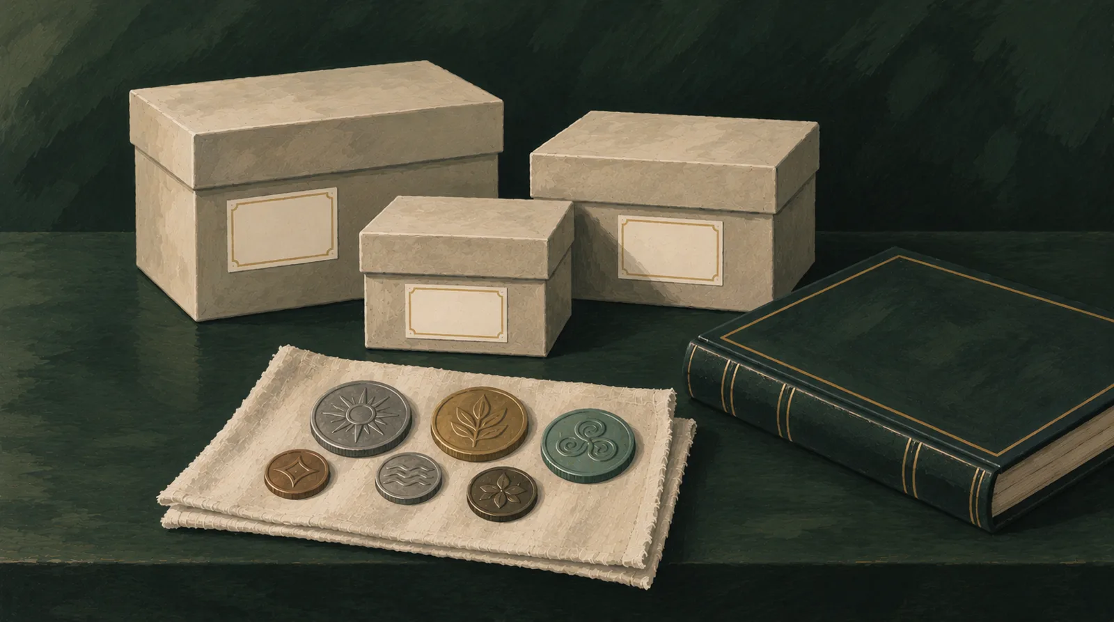 Illustrative scene of storage boxes with blank labels, a coin album and a few coins on a cloth; no specific coin issue is depicted.