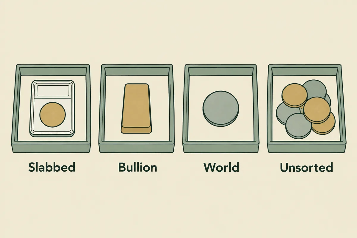 Diagram of four sorting trays: slabbed coins, bullion-type pieces, world coins, and unsorted pocket finds.