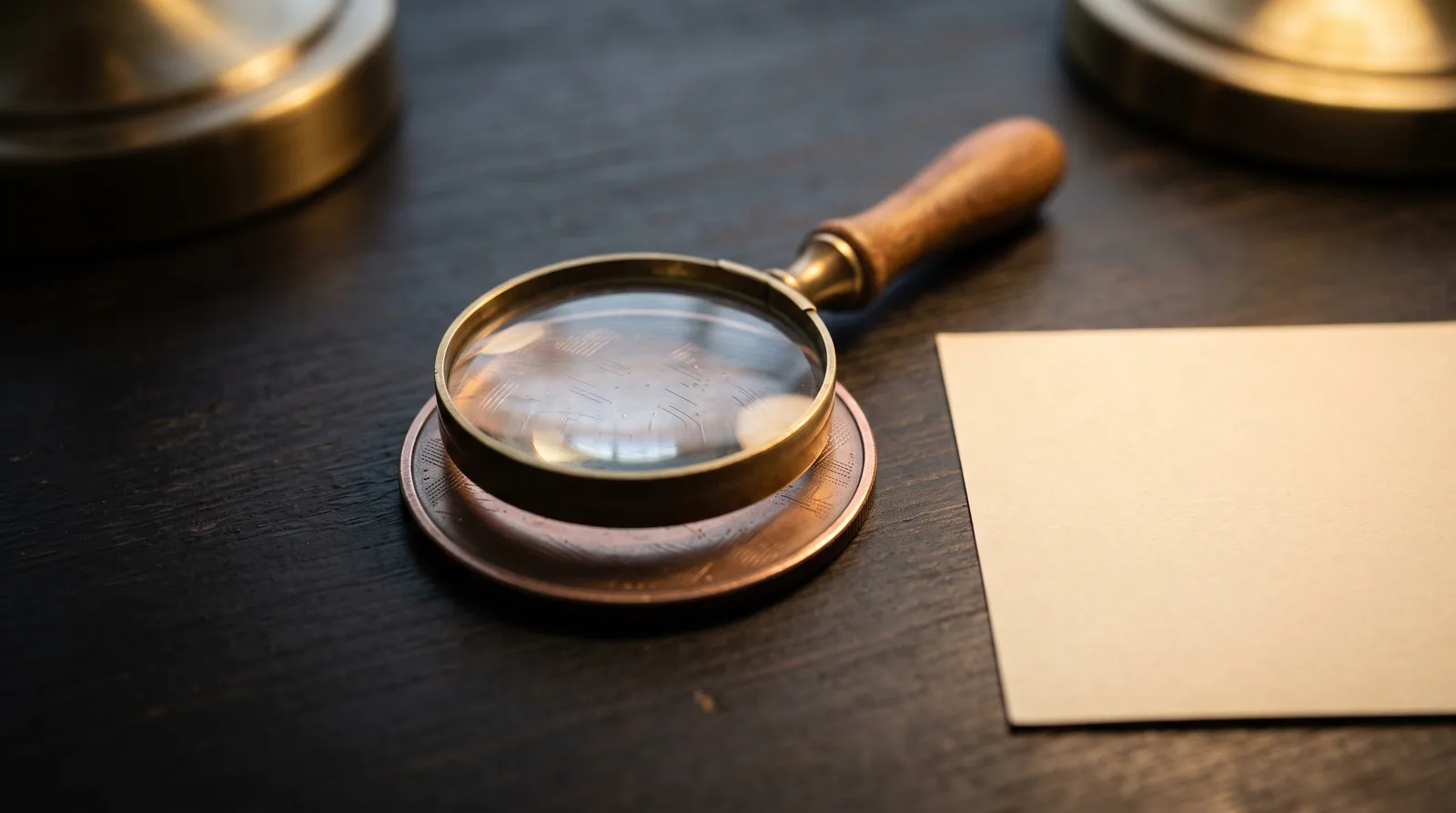 Illustrative magnifier above an anonymous metal disc with geometric texture.