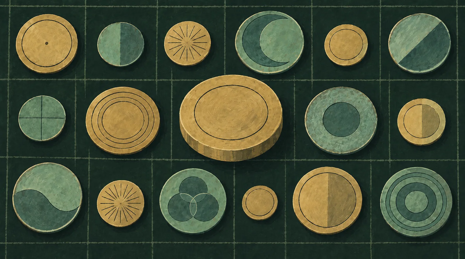 Illustration of anonymous coin-like discs of varied sizes arranged in three rows on a dark grid.