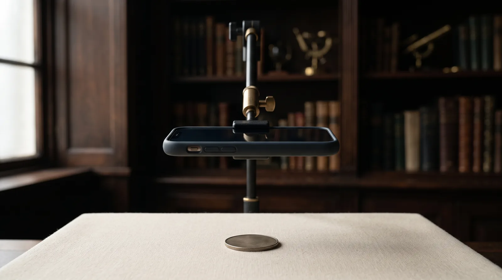 Illustrative overhead phone camera above an anonymous disc on a soft surface.