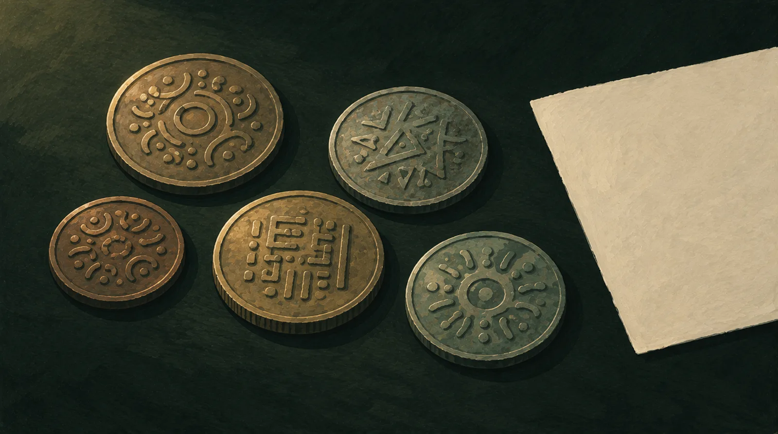 Illustrative arrangement of anonymous coins with varied scripts; no specific issue depicted.