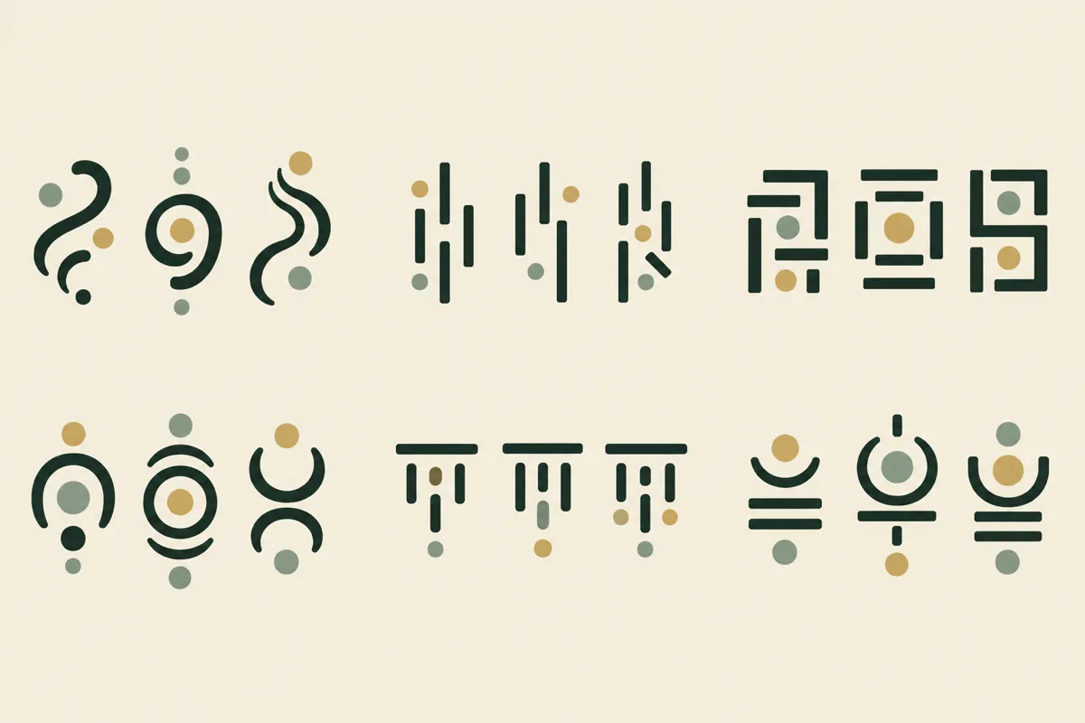 Script-family chart grouping example glyphs by look — curves with dots, hard-edged uprights, dense square strokes, rounded loops, top-line forms and neat syllable blocks.