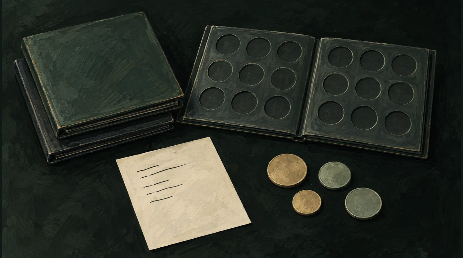 Illustrative scene of coin folders and a written inventory list on a table; no specific issue depicted.