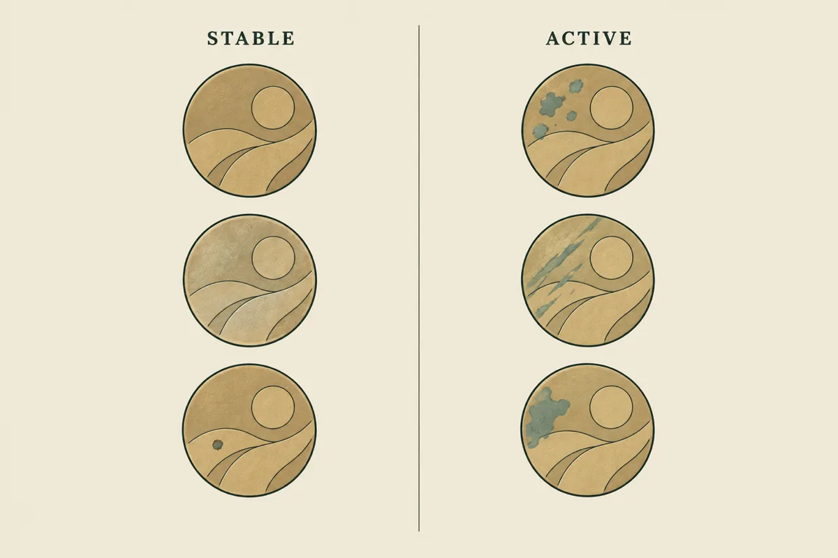 Illustrative stable-leaning and active-leaning surface cues; appearance alone cannot confirm corrosion activity.