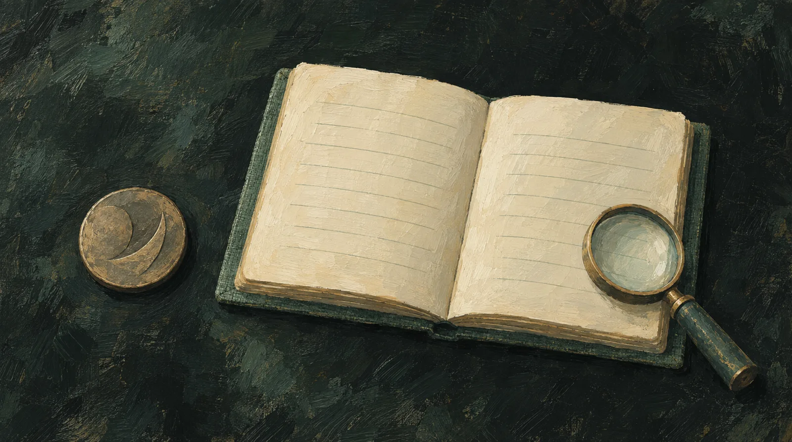 Illustrative anonymous coin beside an open notebook and magnifier; no specific issue depicted.