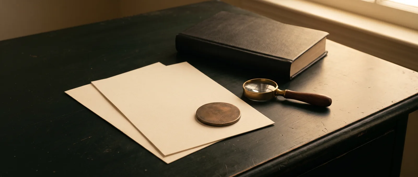 Illustrative anonymous disc, blank comparison sheets and a closed reference book.