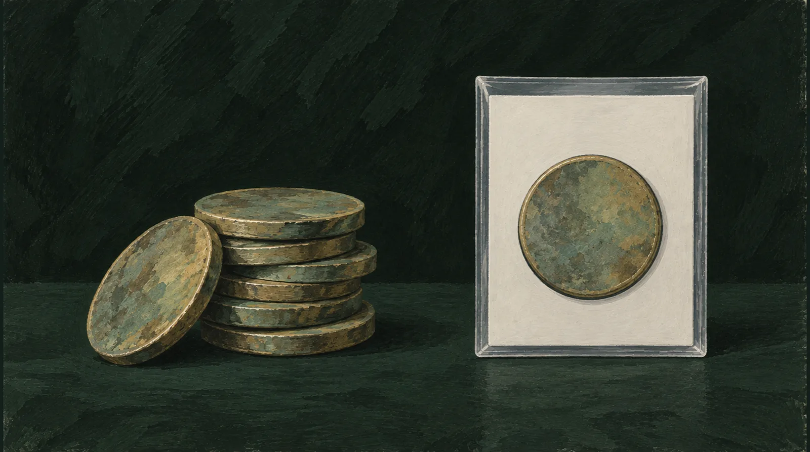 Illustrative contrast between a stack of worn anonymous coins and one coin in a protective holder; no specific issue depicted.